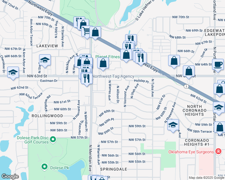 map of restaurants, bars, coffee shops, grocery stores, and more near 6217 North Allison Drive in Oklahoma City