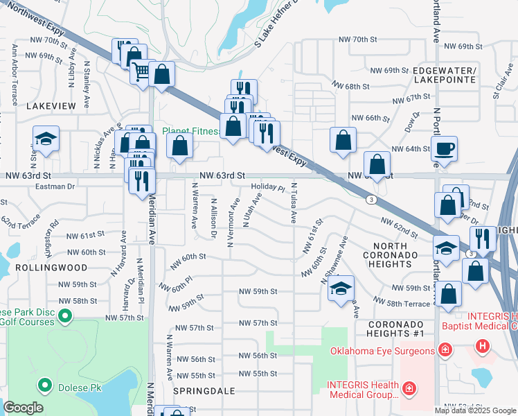 map of restaurants, bars, coffee shops, grocery stores, and more near 4137 Northwest 62nd Street in Oklahoma City