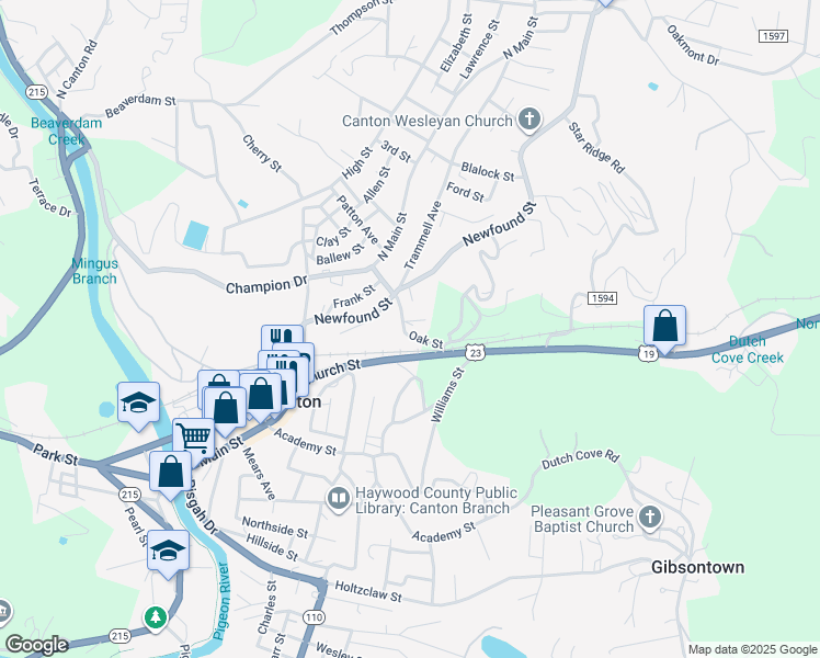 map of restaurants, bars, coffee shops, grocery stores, and more near 16 Oak Street in Canton