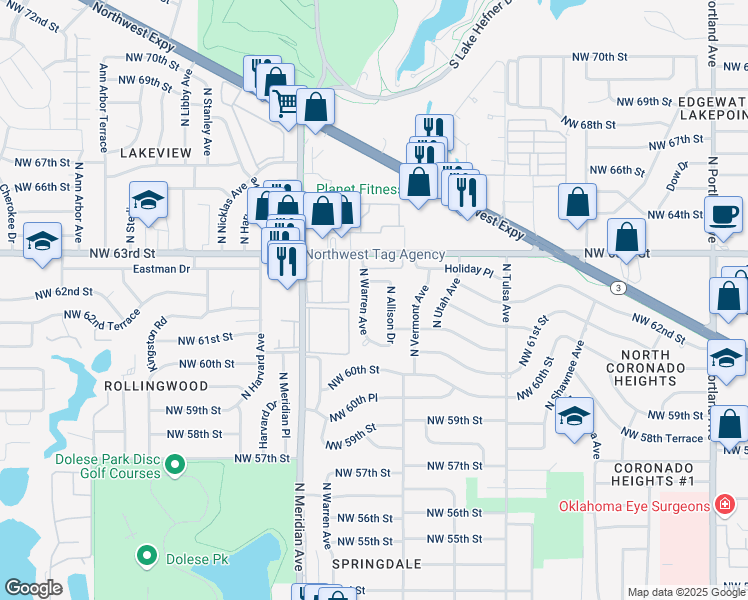 map of restaurants, bars, coffee shops, grocery stores, and more near 6217 North Allison Drive in Oklahoma City