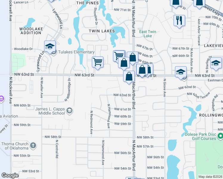 map of restaurants, bars, coffee shops, grocery stores, and more near 6309 Norman Road in Warr Acres