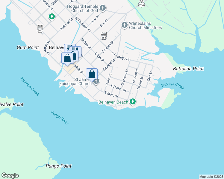 map of restaurants, bars, coffee shops, grocery stores, and more near 325 Broad Street in Belhaven