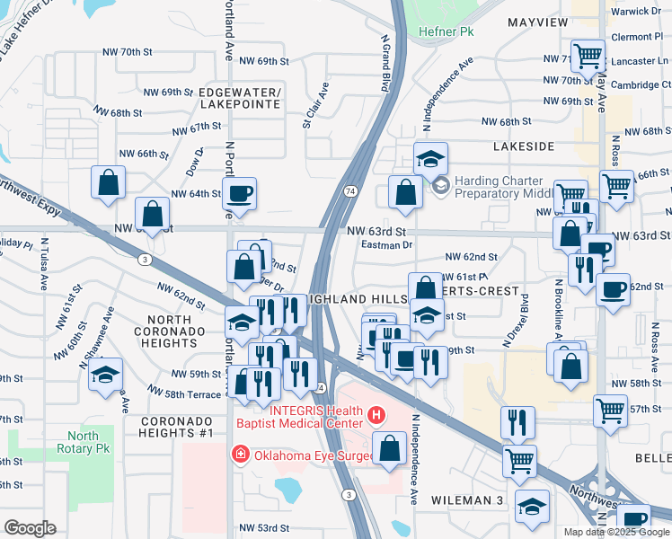 map of restaurants, bars, coffee shops, grocery stores, and more near 6228 North Grand Boulevard in Oklahoma City