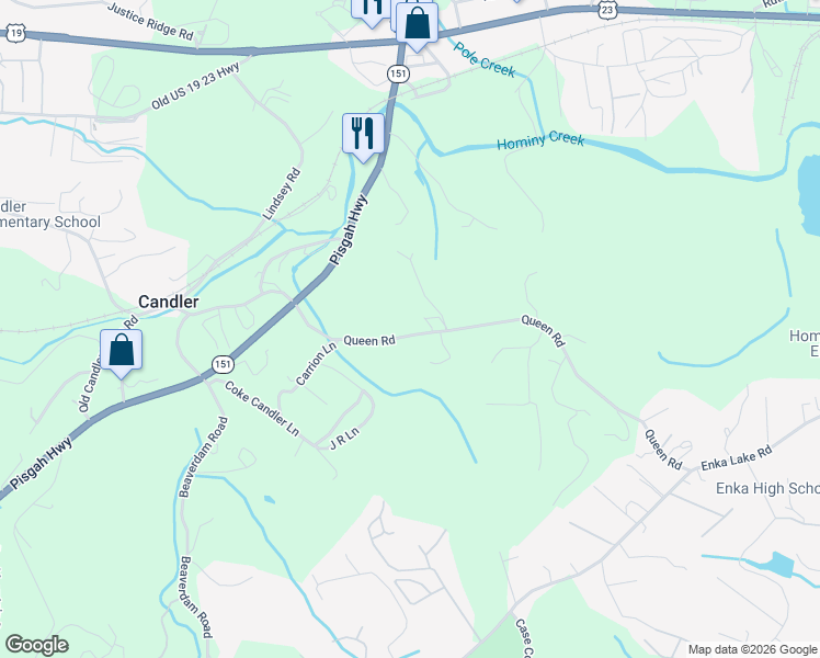 map of restaurants, bars, coffee shops, grocery stores, and more near 25 Queen Road in Candler