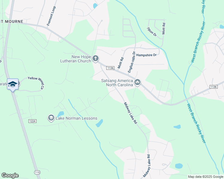 map of restaurants, bars, coffee shops, grocery stores, and more near 154 Midway Lake Road in Mooresville