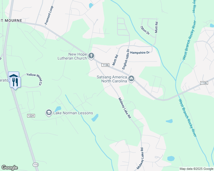 map of restaurants, bars, coffee shops, grocery stores, and more near 154 Midway Lake Road in Mooresville