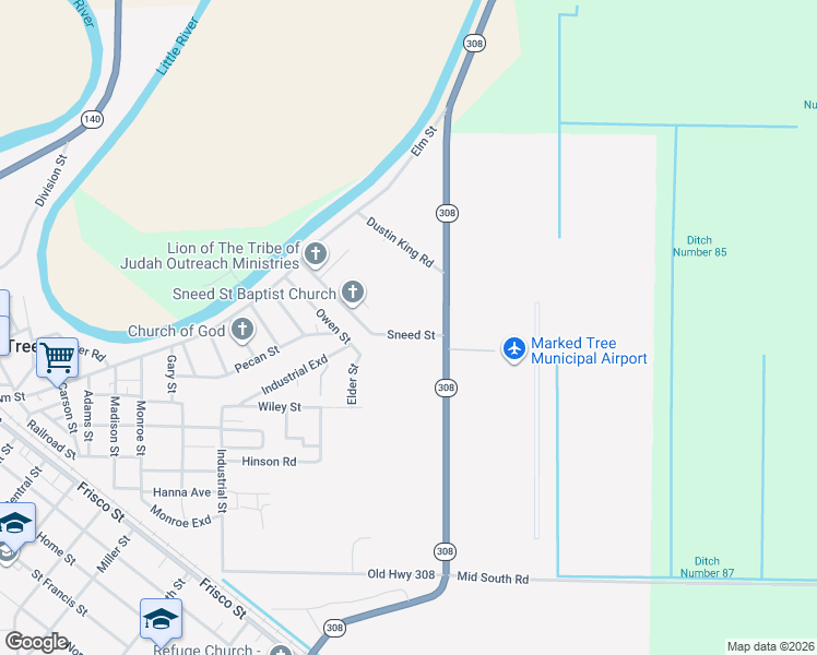 map of restaurants, bars, coffee shops, grocery stores, and more near 199 Sneed Street in Marked Tree