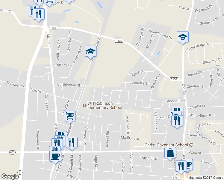 map of restaurants, bars, coffee shops, grocery stores, and more near 427 Evergreen Avenue in Winterville