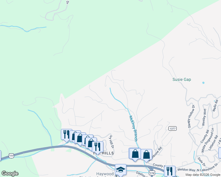 map of restaurants, bars, coffee shops, grocery stores, and more near 442 Queen Cove Road in Waynesville