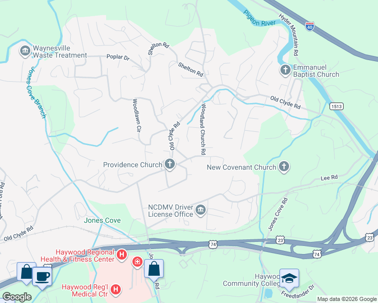 map of restaurants, bars, coffee shops, grocery stores, and more near 121 Woodland Church Road in Clyde