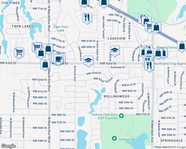 map of restaurants, bars, coffee shops, grocery stores, and more near 4920 Northwest 62nd Street in Oklahoma City