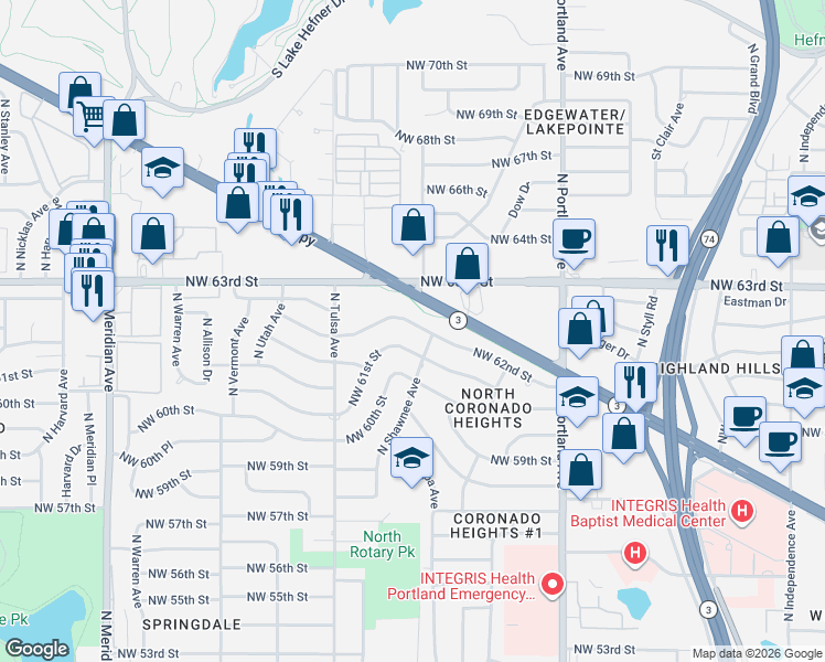 map of restaurants, bars, coffee shops, grocery stores, and more near 4017 Northwest 61st Street in Oklahoma City
