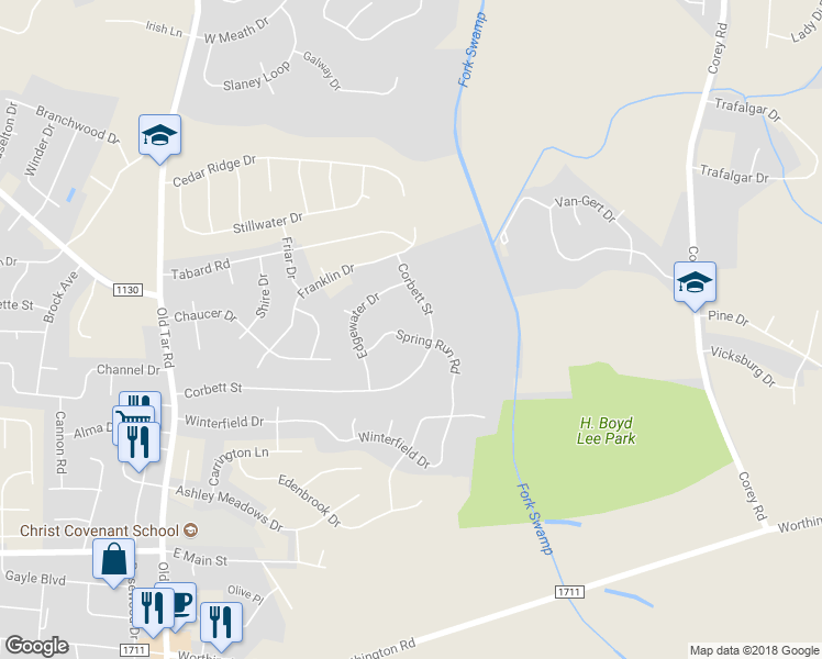map of restaurants, bars, coffee shops, grocery stores, and more near 751 Spring Run Road in Winterville