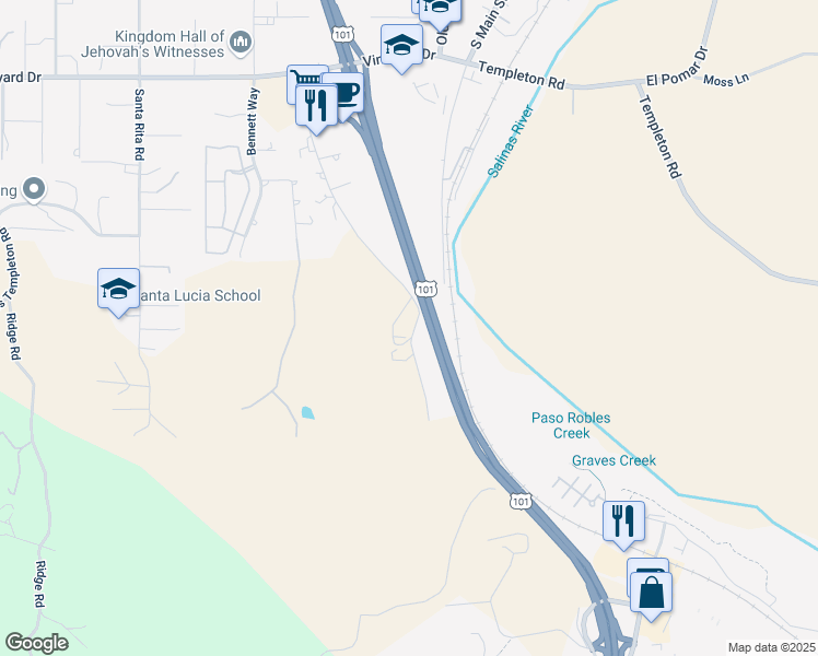 map of restaurants, bars, coffee shops, grocery stores, and more near 1402 Rossi Road in Templeton