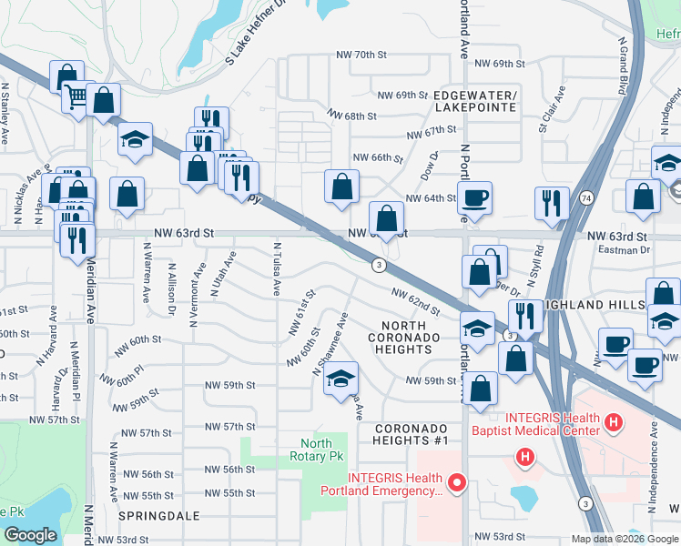 map of restaurants, bars, coffee shops, grocery stores, and more near 4017 Northwest 61st Street in Oklahoma City