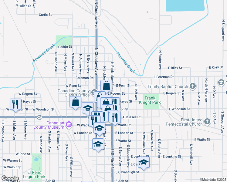 map of restaurants, bars, coffee shops, grocery stores, and more near 301 East Rogers Street in El Reno