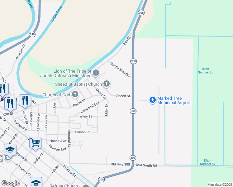 map of restaurants, bars, coffee shops, grocery stores, and more near 199 Sneed Street in Marked Tree