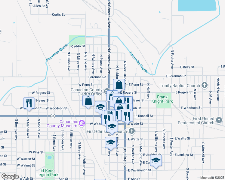 map of restaurants, bars, coffee shops, grocery stores, and more near 114 West Rogers Street in El Reno