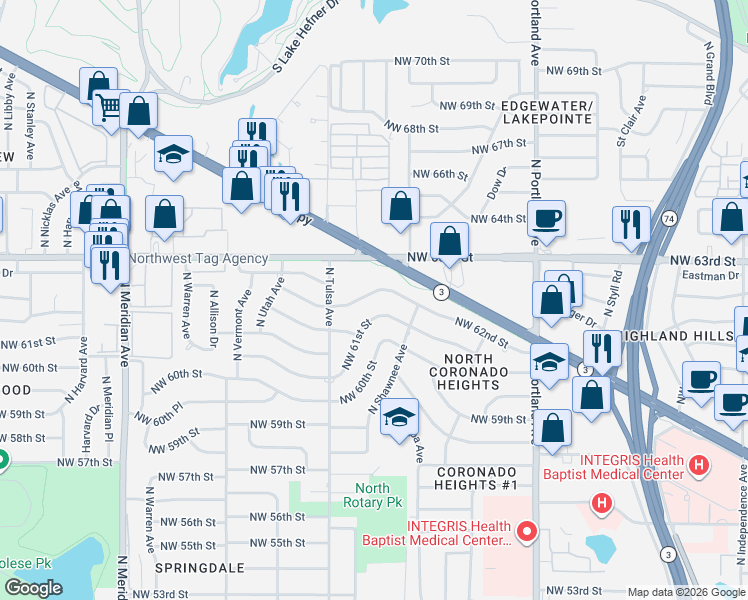 map of restaurants, bars, coffee shops, grocery stores, and more near 4017 Northwest 61st Street in Oklahoma City