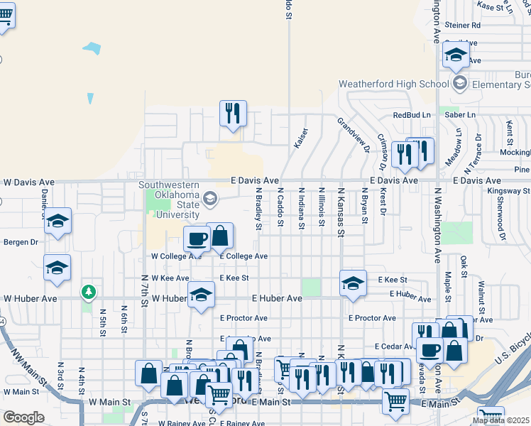 map of restaurants, bars, coffee shops, grocery stores, and more near 305 East Oklahoma Avenue in Weatherford