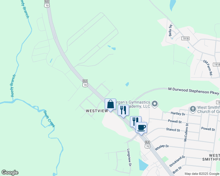 map of restaurants, bars, coffee shops, grocery stores, and more near 108 North Roderick Drive in Smithfield