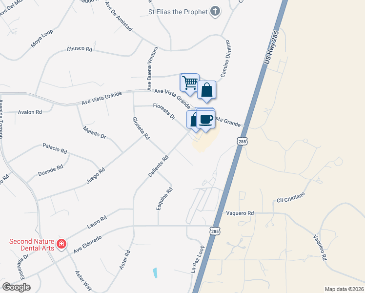 map of restaurants, bars, coffee shops, grocery stores, and more near 3 Caliente Place in Santa Fe