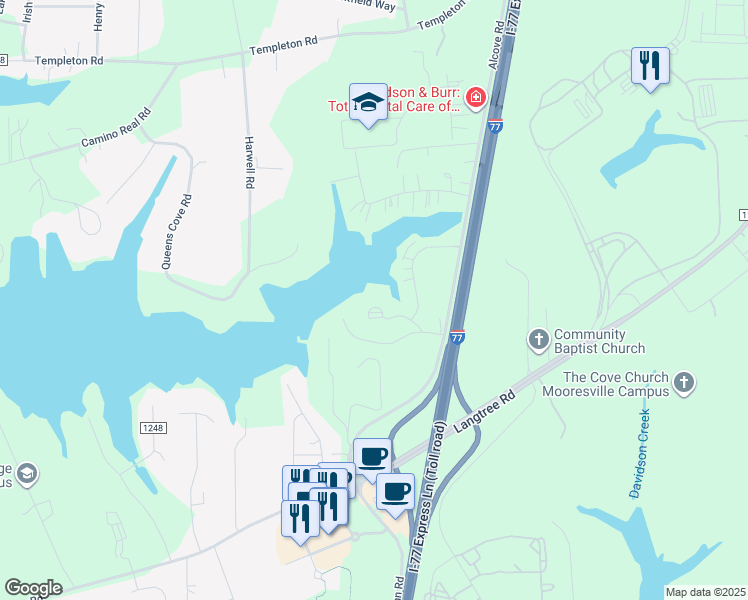 map of restaurants, bars, coffee shops, grocery stores, and more near 134 Village Club Drive in Mooresville