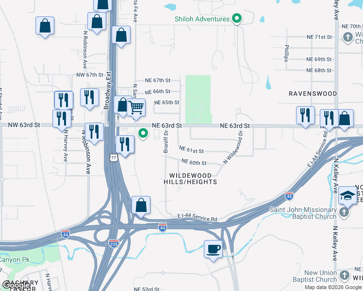 map of restaurants, bars, coffee shops, grocery stores, and more near 304 Northeast 61st Street in Oklahoma City
