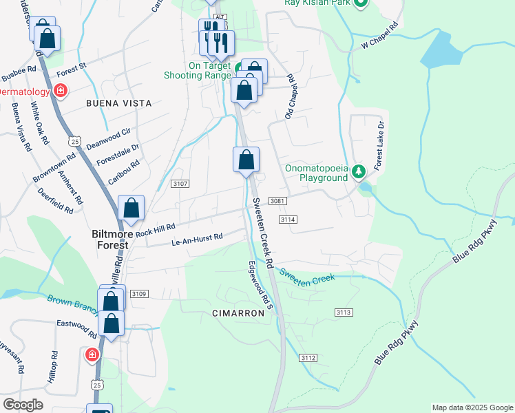 map of restaurants, bars, coffee shops, grocery stores, and more near Sweeten Creek Rd & Rock Hill Rd in Asheville