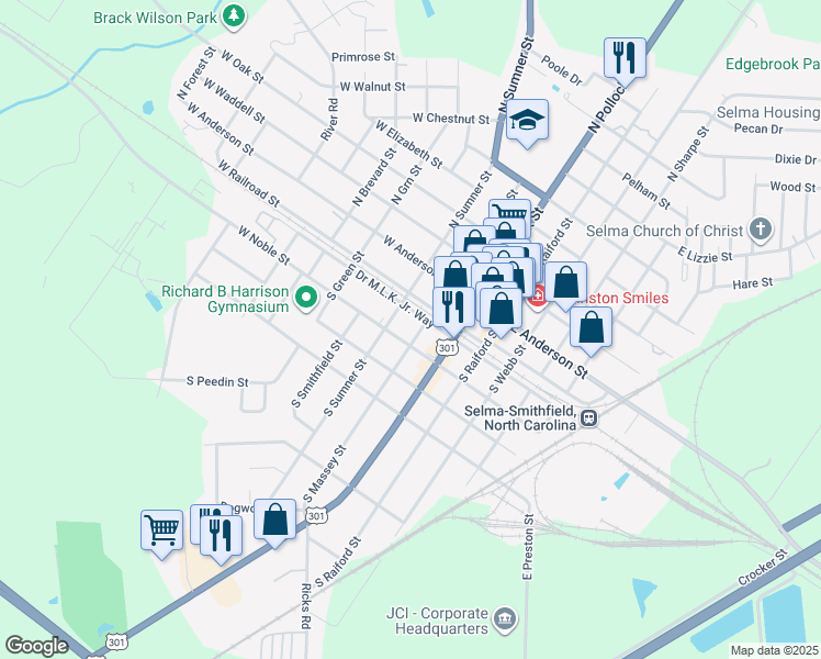 map of restaurants, bars, coffee shops, grocery stores, and more near 208 West Noble Street in Selma