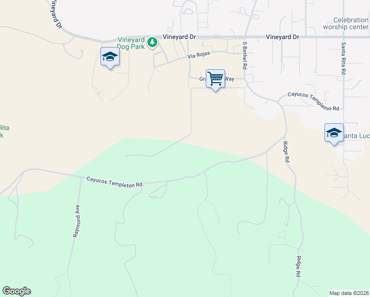 map of restaurants, bars, coffee shops, grocery stores, and more near 1711 Paradise Meadows Lane in Templeton