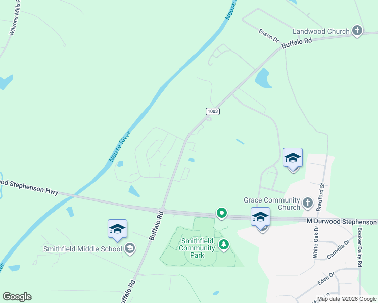 map of restaurants, bars, coffee shops, grocery stores, and more near 2098 Buffalo Road in Smithfield