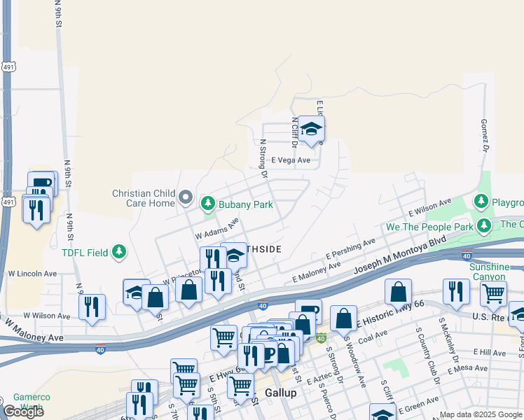 map of restaurants, bars, coffee shops, grocery stores, and more near 101-299 East Adams Avenue in Gallup