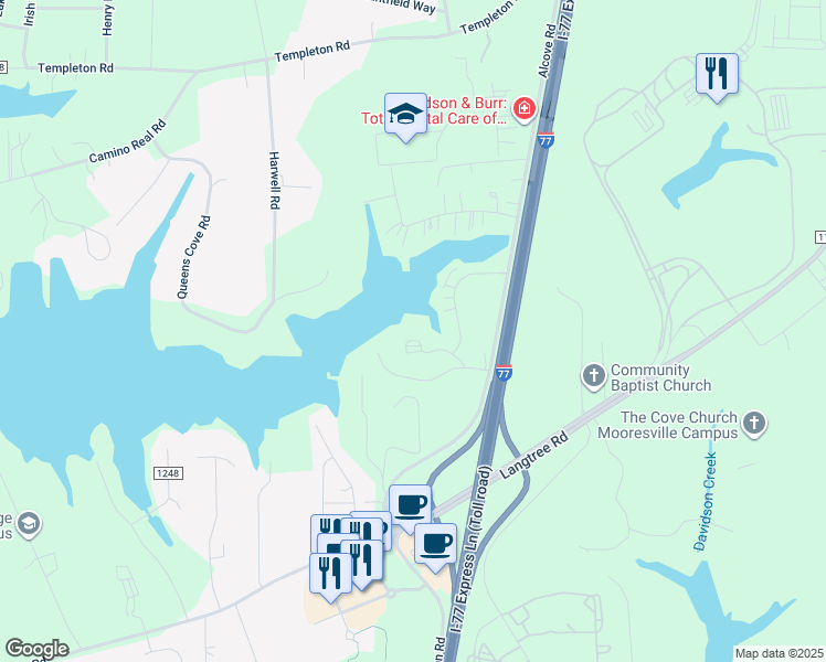 map of restaurants, bars, coffee shops, grocery stores, and more near 134 Village Club Drive in Mooresville