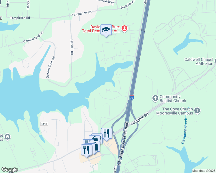 map of restaurants, bars, coffee shops, grocery stores, and more near 134 Village Club Drive in Mooresville