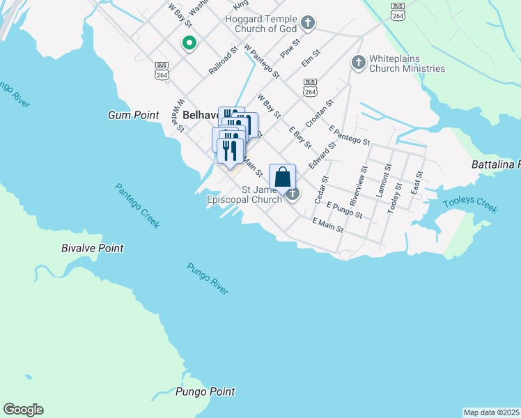 map of restaurants, bars, coffee shops, grocery stores, and more near 580 Water Street in Belhaven