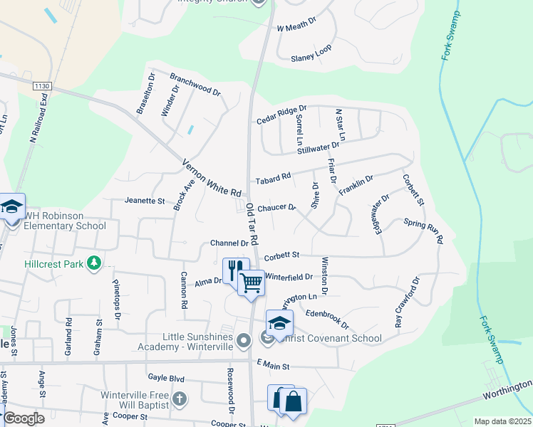 map of restaurants, bars, coffee shops, grocery stores, and more near 520 Chaucer Drive in Winterville
