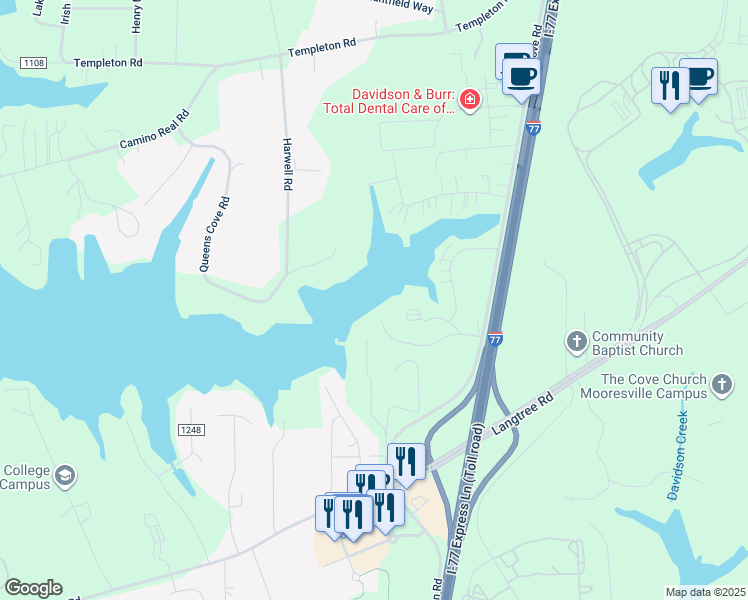 map of restaurants, bars, coffee shops, grocery stores, and more near Wades Way in Mooresville