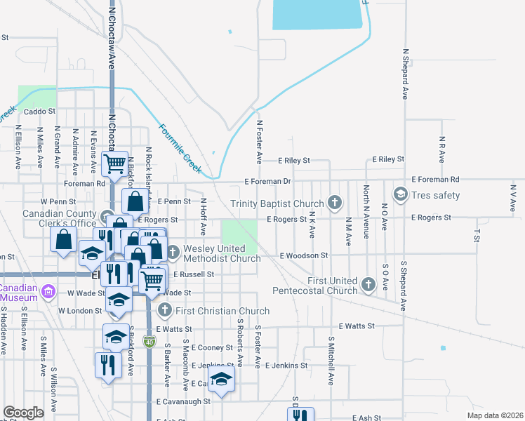 map of restaurants, bars, coffee shops, grocery stores, and more near 806 East Rogers Street in El Reno