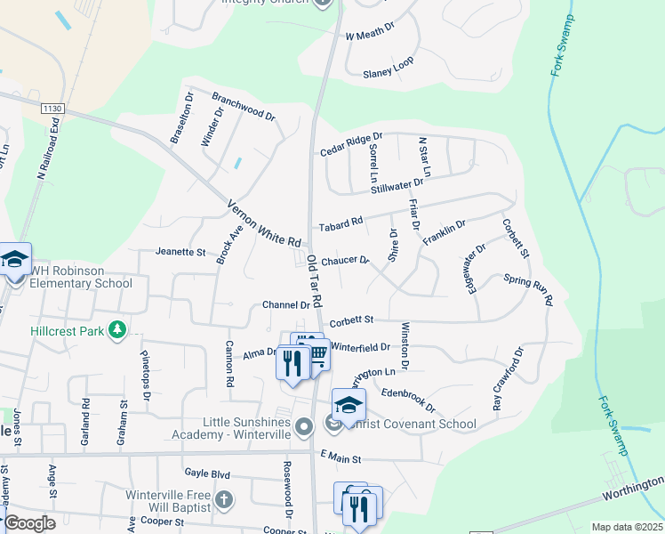 map of restaurants, bars, coffee shops, grocery stores, and more near 520 Chaucer Drive in Winterville
