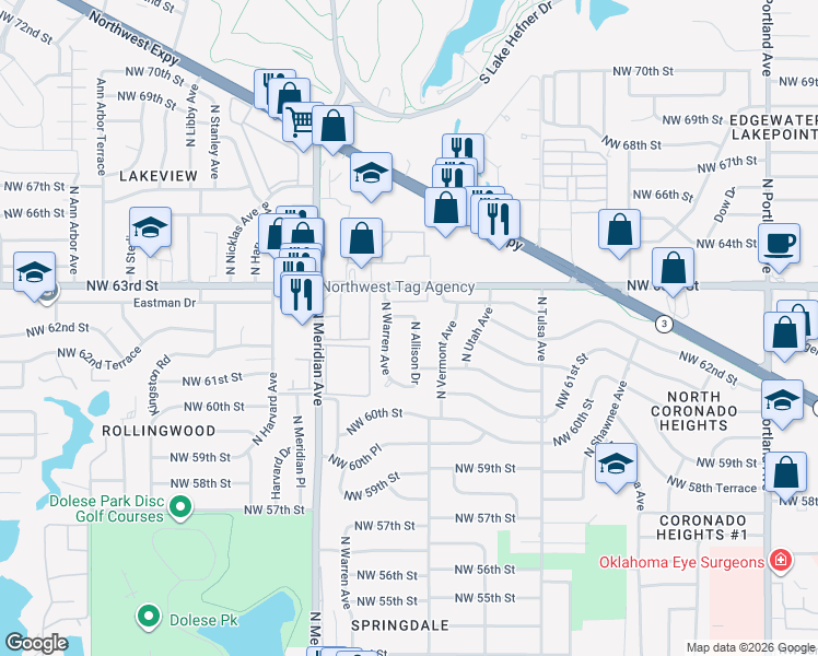 map of restaurants, bars, coffee shops, grocery stores, and more near 6217 North Allison Drive in Oklahoma City