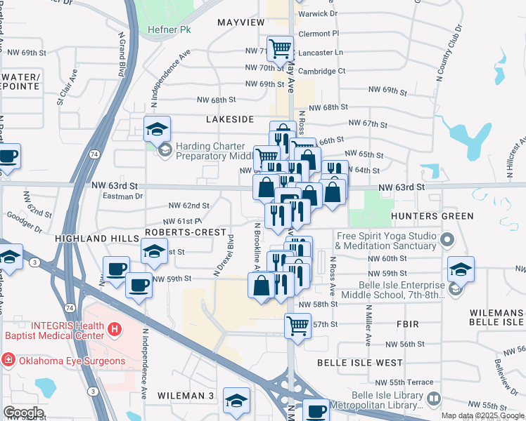 map of restaurants, bars, coffee shops, grocery stores, and more near 2950 Northwest 63rd Street in Oklahoma City