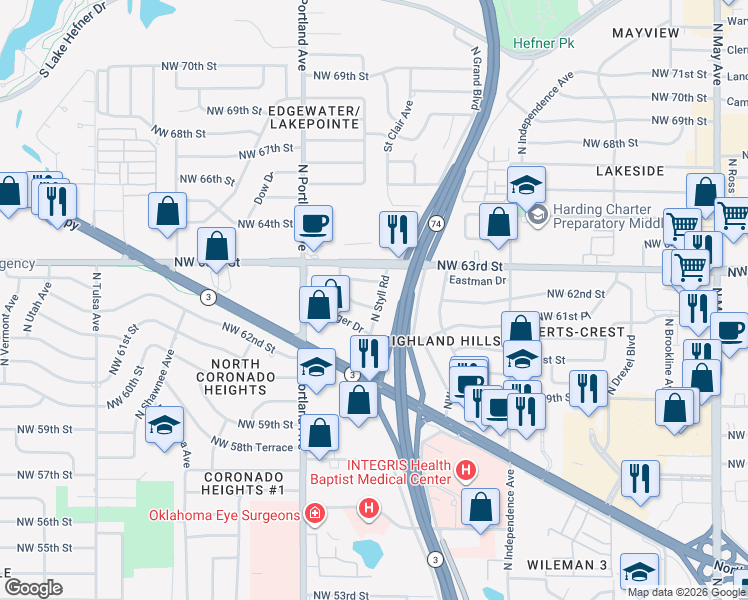 map of restaurants, bars, coffee shops, grocery stores, and more near 3608 Northwest 62nd Street in Oklahoma City