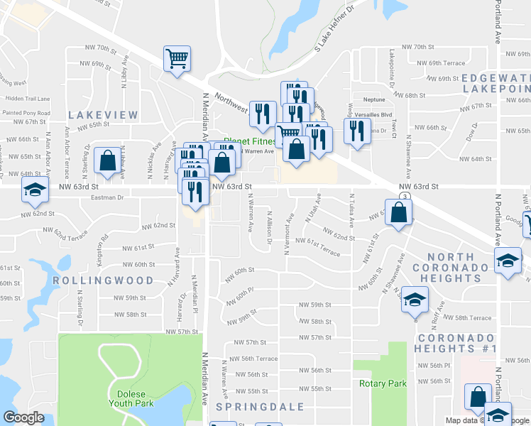 map of restaurants, bars, coffee shops, grocery stores, and more near 6217 North Allison Drive in Oklahoma City