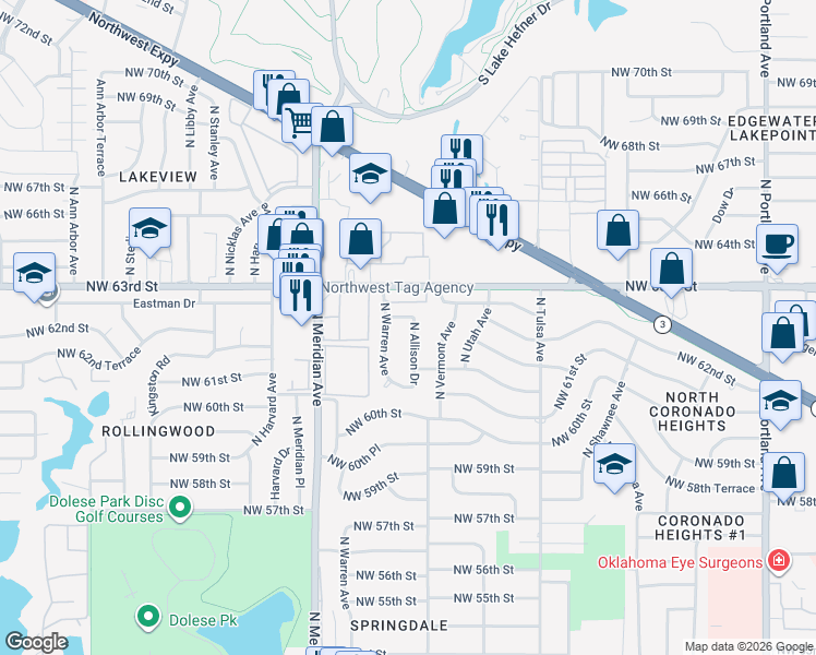 map of restaurants, bars, coffee shops, grocery stores, and more near 6305 North Allison Drive in Oklahoma City