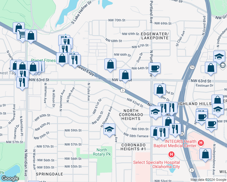 map of restaurants, bars, coffee shops, grocery stores, and more near 4009 Northwest 62nd Terrace in Oklahoma City