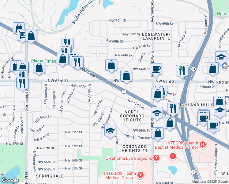 map of restaurants, bars, coffee shops, grocery stores, and more near 4009 Northwest 62nd Terrace in Oklahoma City