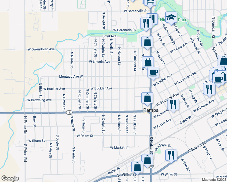 map of restaurants, bars, coffee shops, grocery stores, and more near 400-498 N Wells St in Pampa