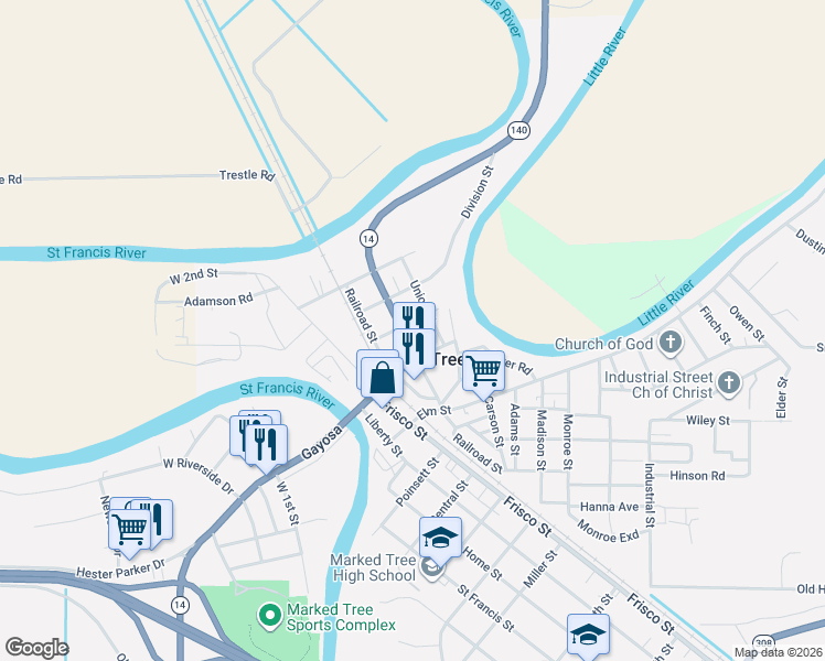 map of restaurants, bars, coffee shops, grocery stores, and more near in Marked Tree