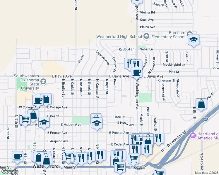 map of restaurants, bars, coffee shops, grocery stores, and more near 920 North Bryan Street in Weatherford